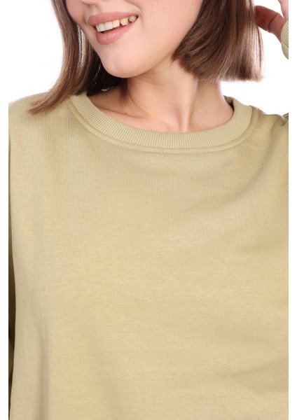 Kadın %100 Pamuk Şardonsuz Askeri Haki 3 Iplik Basic Oversize Bisiklet Yaka Uzun Kol Sweatshirt indirimleri