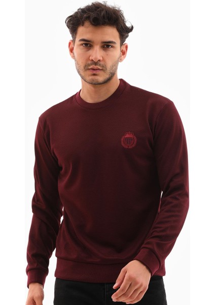 Erkek Bordo Mare Jaker Kumaş Bisiklet Yaka Uzun Kollu Sweatshirt - 7656