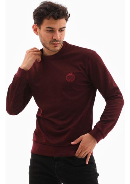 Erkek Bordo Mare Jaker Kumaş Bisiklet Yaka Uzun Kollu Sweatshirt - 7656