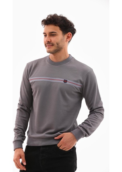 Erkek Koyu Gri Mare Jaker Kumaş Bisiklet Yaka Göğüste Şerit Nakışlı Uzun Kollu Sweatshirt - 7657