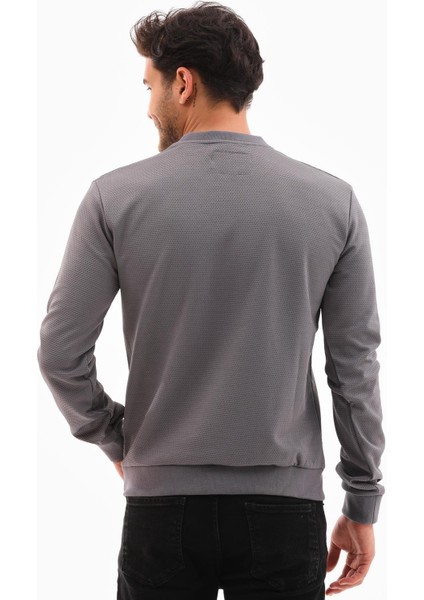 Erkek Koyu Gri Mare Jaker Kumaş Bisiklet Yaka Göğüste Şerit Nakışlı Uzun Kollu Sweatshirt - 7657