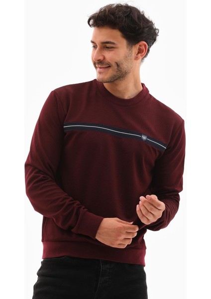 Erkek Bordo Mare Jaker Kumaş Bisiklet Yaka Göğüste Şerit Nakışlı Uzun Kollu Sweatshirt - 7657