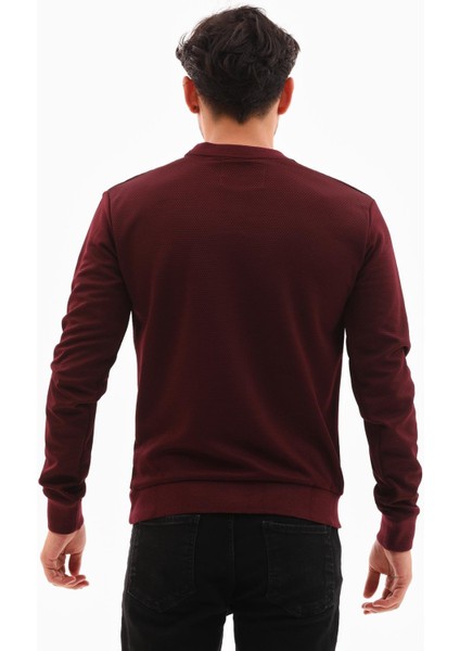 Erkek Bordo Mare Jaker Kumaş Bisiklet Yaka Göğüste Şerit Nakışlı Uzun Kollu Sweatshirt - 7657