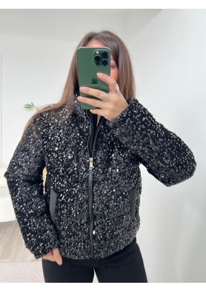 Siyah Payetli Şişme Mont fırsatları