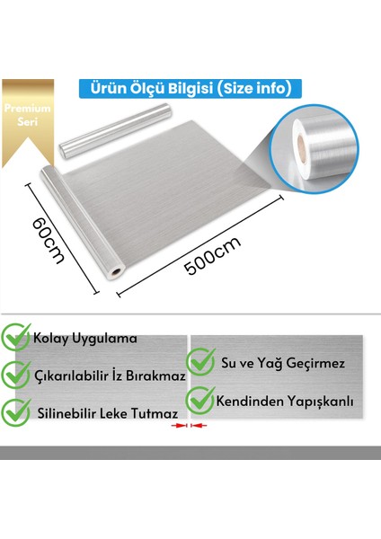 60 cm ×500 cm Kendinden Yapışkanlı Metalik Folyo Mutfak Dolap Masa Kaplama Duvar Kağıdı Silver