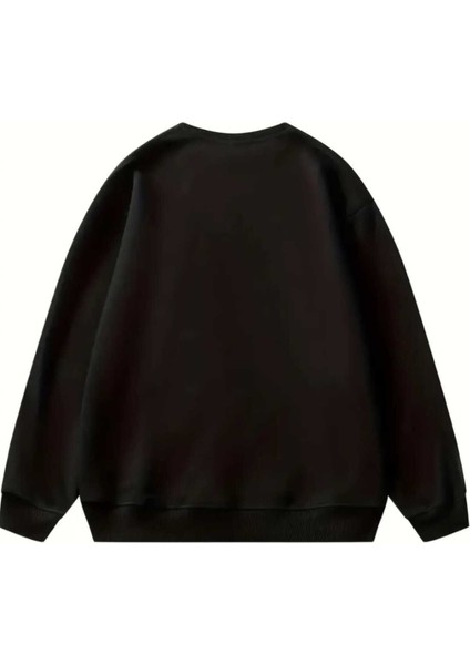 Erkek Aslan Baskılı Siyah Beyaz Gri Bisiklet Yaka Oversize Sweatshirt