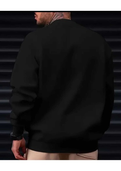 Erkek Aslan Baskılı Siyah Beyaz Gri Bisiklet Yaka Oversize Sweatshirt