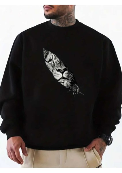 Erkek Aslan Baskılı Siyah Beyaz Gri Bisiklet Yaka Oversize Sweatshirt