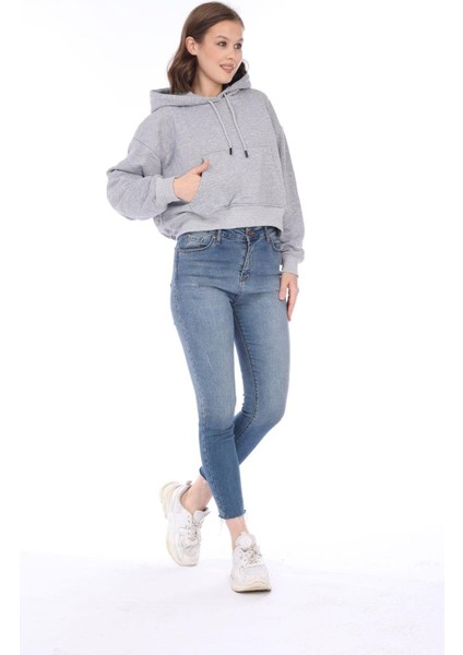 Premium Kalite Pamuk 3 Iplik Gri Melanj Kapüşonlu Kanguru Cepli Bağcıklı Kısa Crop Sweatshirt fiyatları