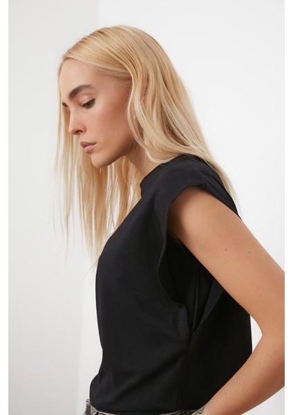 Siyah %100 Pamuk Vatka Görünümlü Basic Bisiklet Yaka Örme T-Shirt