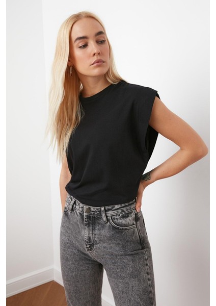 Siyah %100 Pamuk Vatka Görünümlü Basic Bisiklet Yaka Örme T-Shirt modelleri