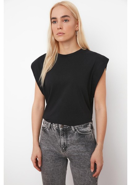 Siyah %100 Pamuk Vatka Görünümlü Basic Bisiklet Yaka Örme T-Shirt fırsatları