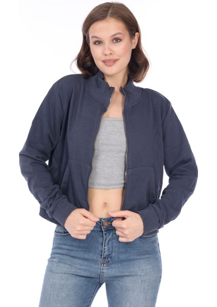 Kadın Pamuk Antrasit Füme Şardonsuz 3 Iplik Yumuşak Dokulu Fermuarlı Dik Yaka Sweatshirt