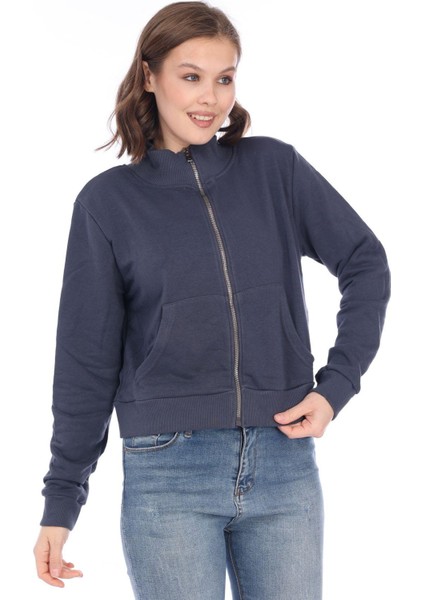 Kadın Pamuk Antrasit Füme Şardonsuz 3 Iplik Yumuşak Dokulu Fermuarlı Dik Yaka Sweatshirt