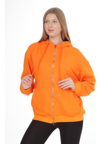 Pamuk Ultra Kalite Oversize Kadın Turuncu 3 Iplik Kapüşonlu Fermuarlı Cepli Sweatshirt Oranj