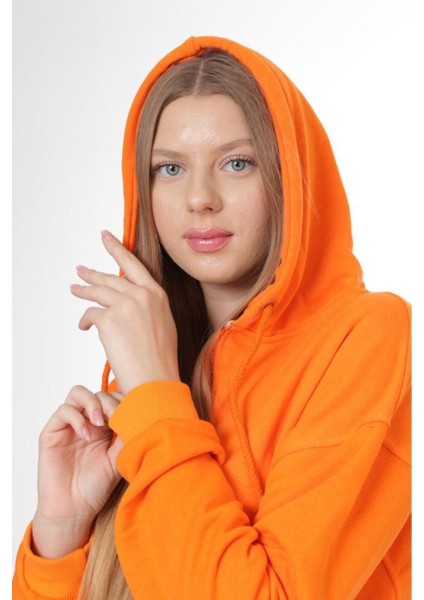 Pamuk Ultra Kalite Oversize Kadın Turuncu 3 Iplik Kapüşonlu Fermuarlı Cepli Sweatshirt Oranj