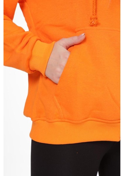 Pamuk Ultra Kalite Oversize Kadın Turuncu 3 Iplik Kapüşonlu Fermuarlı Cepli Sweatshirt Oranj