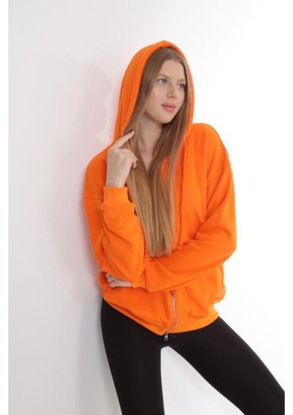 Pamuk Ultra Kalite Oversize Kadın Turuncu 3 Iplik Kapüşonlu Fermuarlı Cepli Sweatshirt Oranj