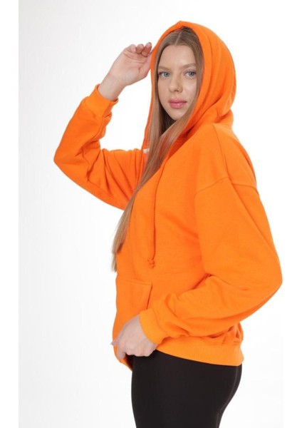 Pamuk Ultra Kalite Oversize Kadın Turuncu 3 Iplik Kapüşonlu Fermuarlı Cepli Sweatshirt Oranj