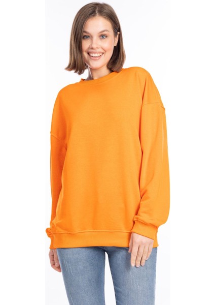 %100 Pamuk Kadın Turuncu 3iplik Basic Oversize Bisiklet Yaka Uzun Kol Sweatshirt Yüksek Kalite Oranj