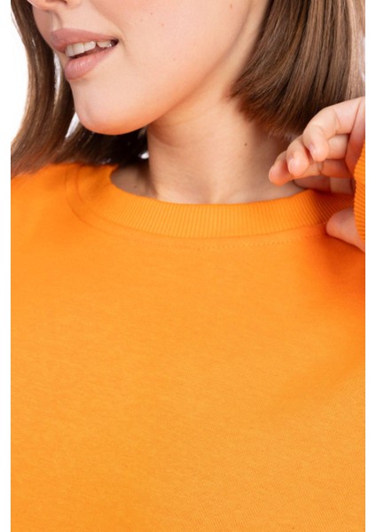 %100 Pamuk Kadın Turuncu 3iplik Basic Oversize Bisiklet Yaka Uzun Kol Sweatshirt Yüksek Kalite Oranj