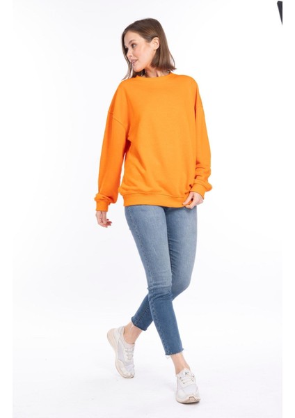 %100 Pamuk Kadın Turuncu 3iplik Basic Oversize Bisiklet Yaka Uzun Kol Sweatshirt Yüksek Kalite Oranj
