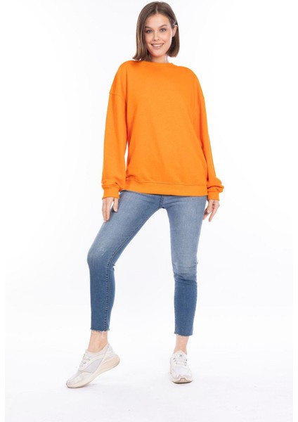 %100 Pamuk Kadın Turuncu 3iplik Basic Oversize Bisiklet Yaka Uzun Kol Sweatshirt Yüksek Kalite Oranj