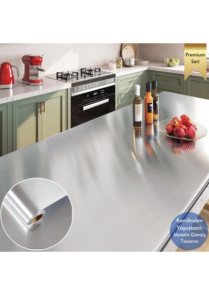 60 cm ×300 cm Kendinden Yapışkanlı Metalik Folyo Mutfak Dolap Masa Kaplama Duvar Kağıdı Silver