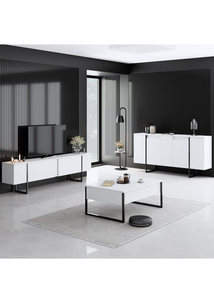 Luxe Siyah Metal Ayaklı Beyaz Tv Sehpası fiyatları