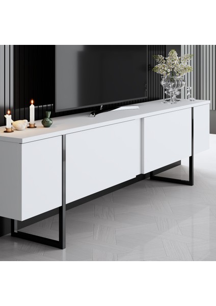 Luxe Siyah Metal Ayaklı Beyaz Tv Sehpası modelleri