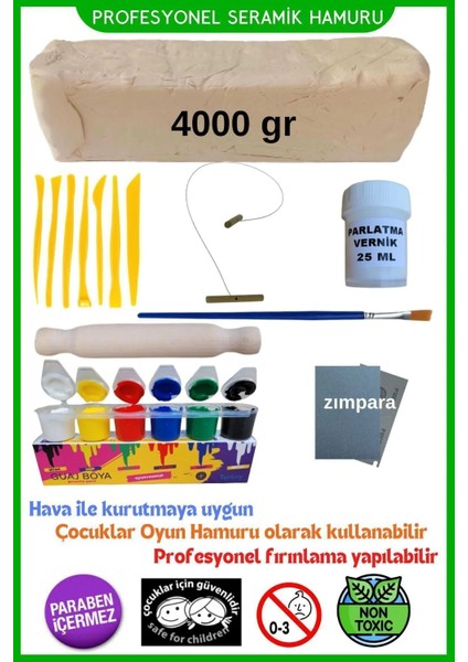Seramik Hamuru 4000 Gr, 7li Plastik Ebeşuar (Modelaj Seti), Kesme Teli-Ipi, Guaj, Doğ