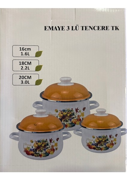 Ebru Metal Emaye 3'lü Tencere Takımı 16 Cm-18 Cm-20 cm