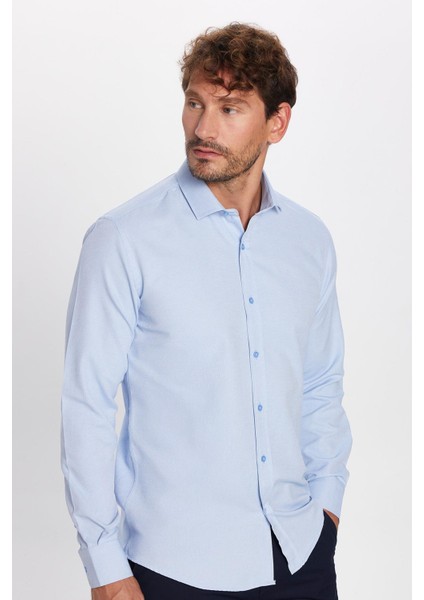Modern Slim Fit Uzun Kollu Pamuklu Kolay Ütü Armürlü Mavi Erkek Gömlek