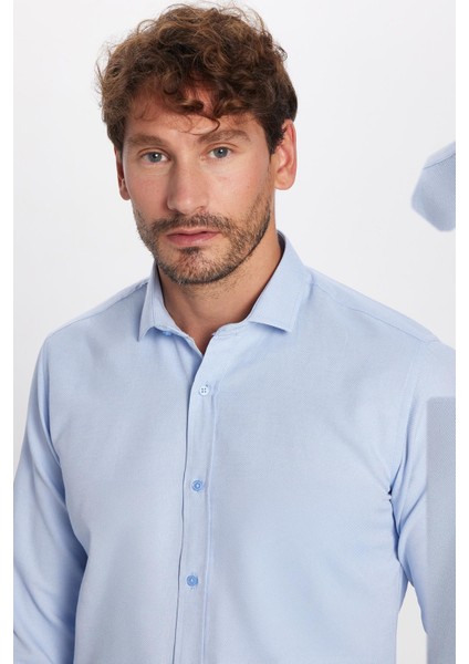 Modern Slim Fit Uzun Kollu Pamuklu Kolay Ütü Armürlü Mavi Erkek Gömlek fiyatları