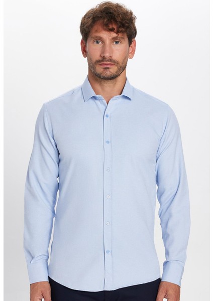 Modern Slim Fit Uzun Kollu Pamuklu Kolay Ütü Armürlü Mavi Erkek Gömlek fırsatları