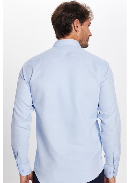 Modern Slim Fit Uzun Kollu Pamuklu Kolay Ütü Armürlü Mavi Erkek Gömlek indirimleri