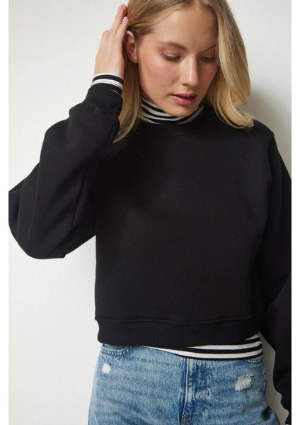 Pamuk Siyah Ultra Diagonel Şardonsuz 3 İplik Bisiklet Yaka Basic Sweatshirt