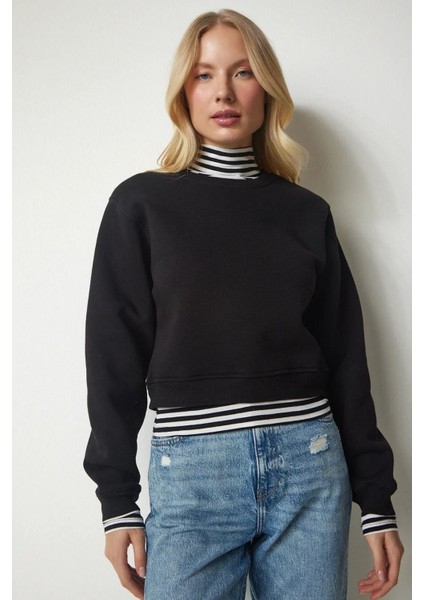 Pamuk Siyah Ultra Diagonel Şardonsuz 3 İplik Bisiklet Yaka Basic Sweatshirt modelleri