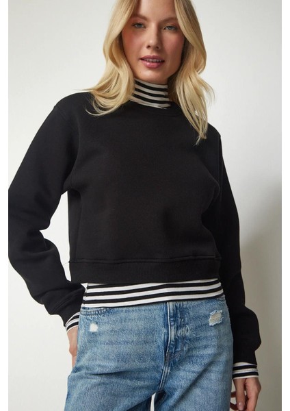 Pamuk Siyah Ultra Diagonel Şardonsuz 3 İplik Bisiklet Yaka Basic Sweatshirt fırsatları