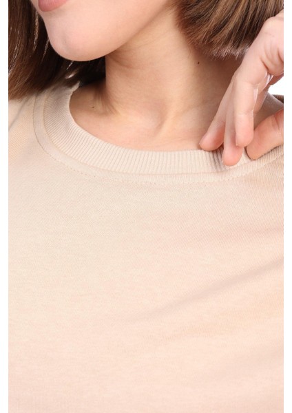 Kadın %100 Pamuk Bej Ultra Kalite Diagonel Şardonsuz 3 Iplik Bisiklet Yaka Basic Sweatshirt fiyatları