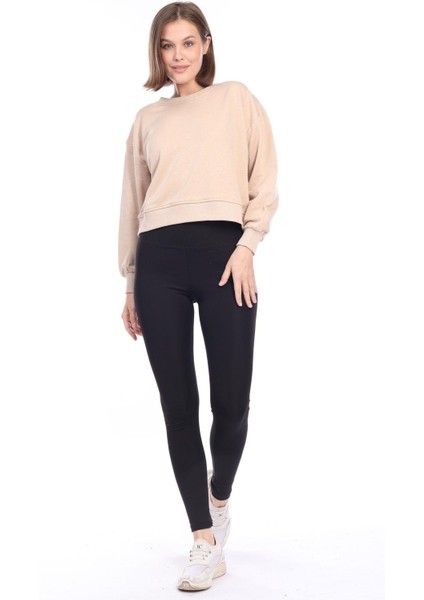 Kadın %100 Pamuk Bej Ultra Kalite Diagonel Şardonsuz 3 Iplik Bisiklet Yaka Basic Sweatshirt fırsatları