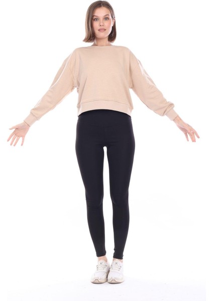 Kadın %100 Pamuk Bej Ultra Kalite Diagonel Şardonsuz 3 Iplik Bisiklet Yaka Basic Sweatshirt indirimleri
