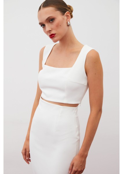 Kare Yaka Crop Bluz - Ekru