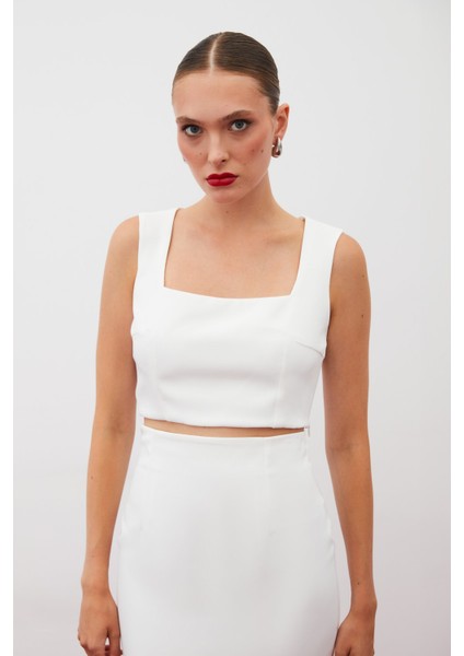 Kare Yaka Crop Bluz - Ekru modelleri