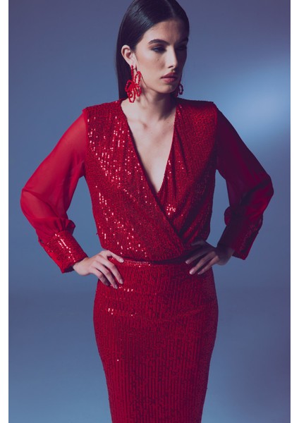 Şifon Kol Bodysuit Bluz - Kırmızı