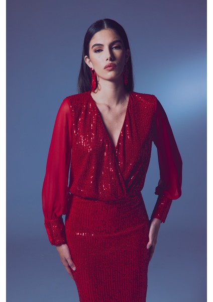 Şifon Kol Bodysuit Bluz - Kırmızı fiyatları