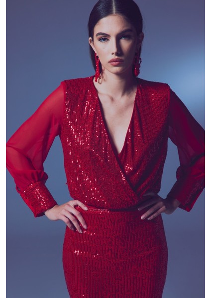 Şifon Kol Bodysuit Bluz - Kırmızı modelleri