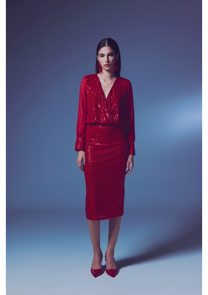 Şifon Kol Bodysuit Bluz - Kırmızı fırsatları