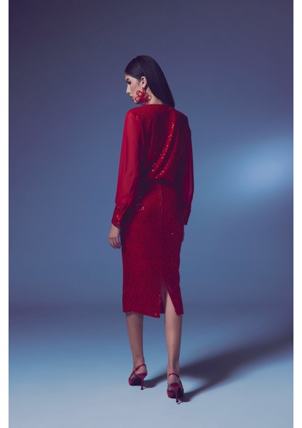 Şifon Kol Bodysuit Bluz - Kırmızı indirimleri