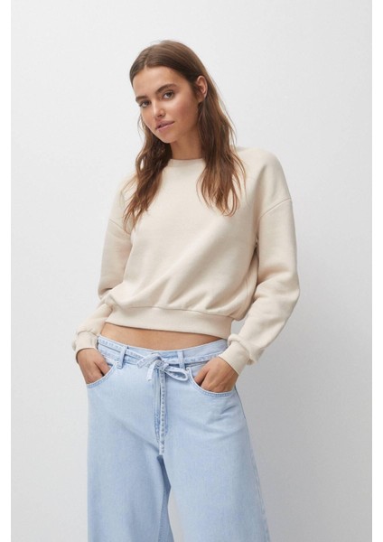 Pamuk Kadın Bej Basic Crop Bisiklet Yaka Uzun Kollu Sweatshirt